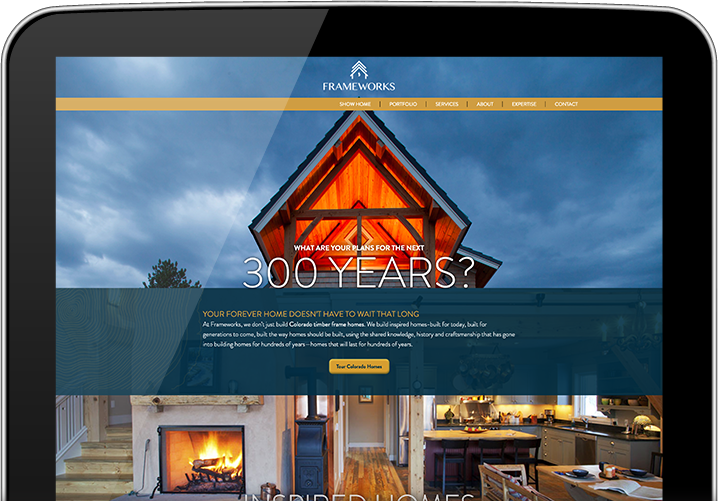 Frameworks website homepage showing cabin against stormy clouds