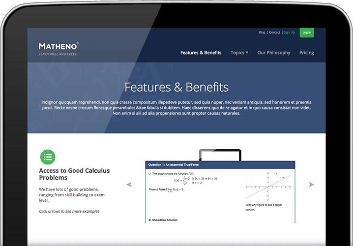 Matheno website showing features and benefits