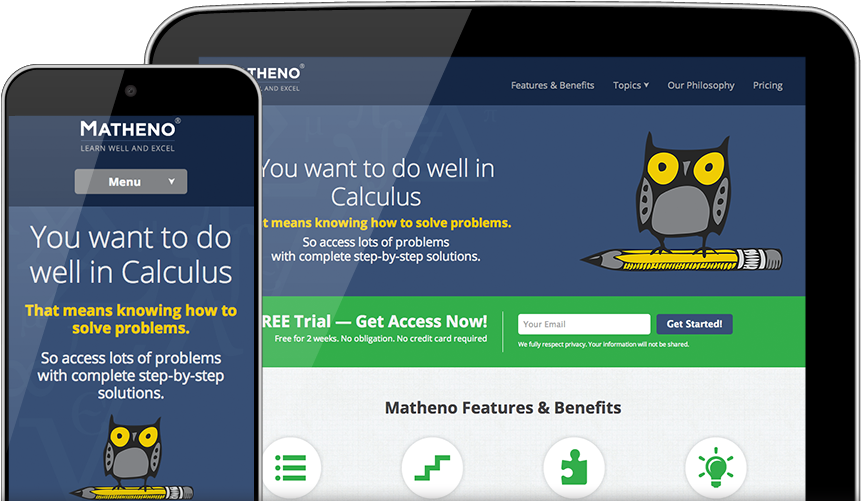 Matheno website with owl logo on mobile and desktop views
