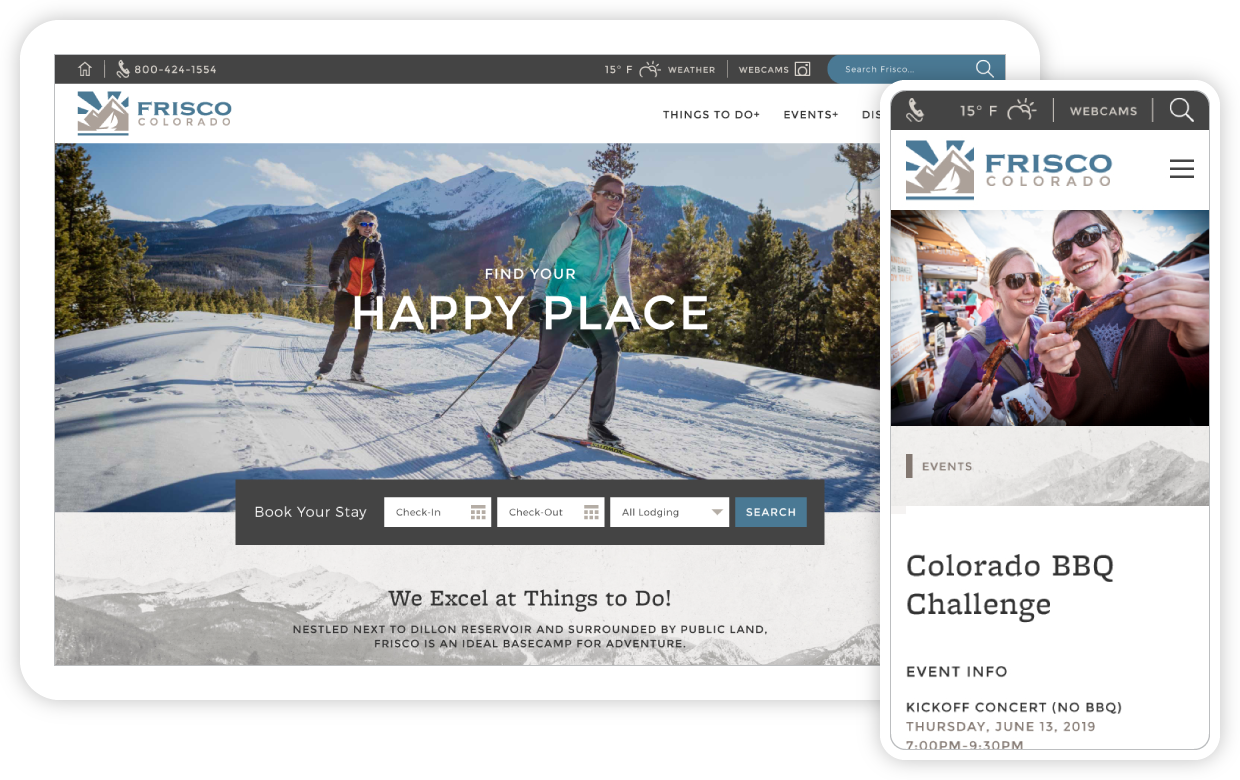 Frisco home page showing skiers and a festival