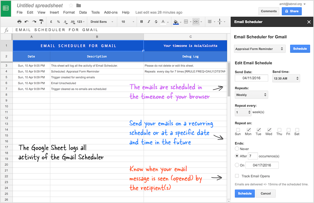 Web productivity tip: Utilize Gmail and Google Sheets to schedule emails.