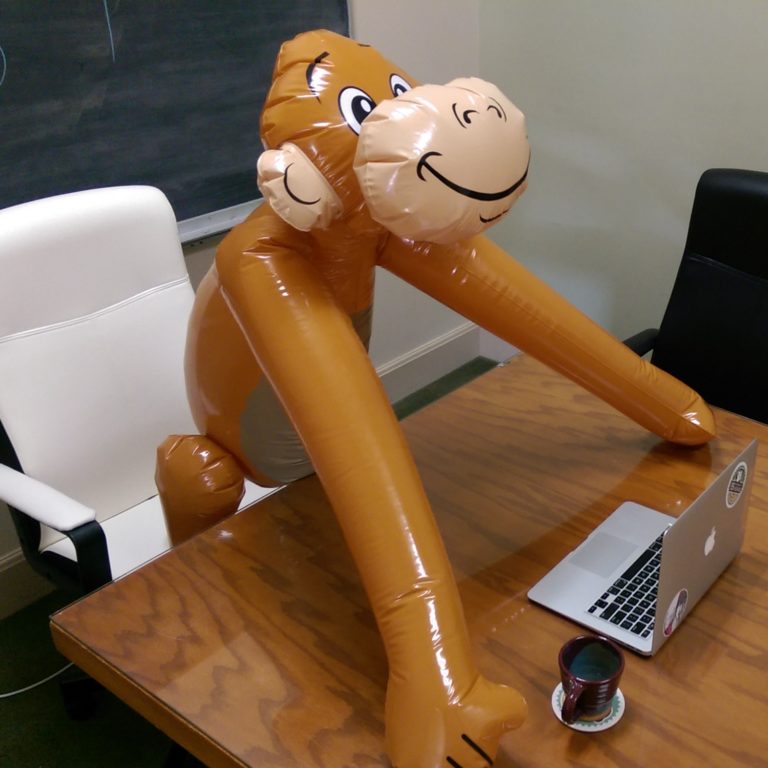 Randall, our inflatable monkey officemate.