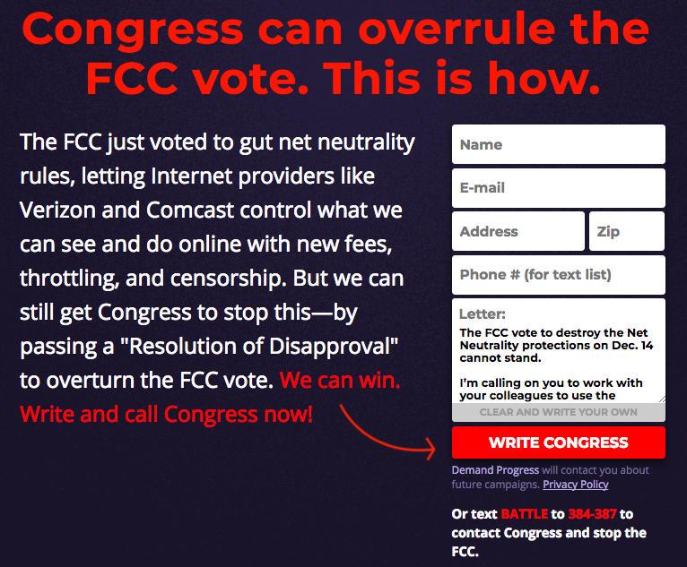 Write to Congress in support of net neutrality using this simple form.