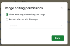 Screenshot of GSheets range editing permissions options