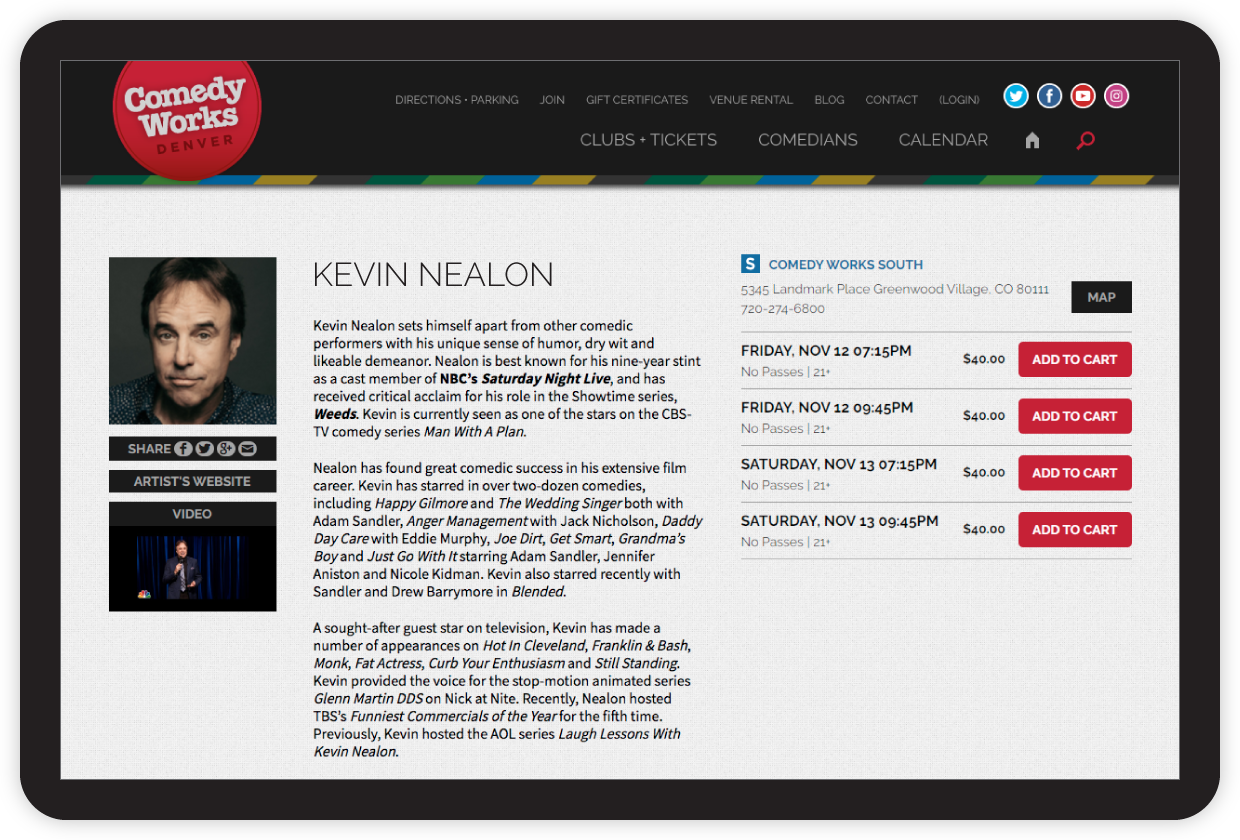 Comedy works website showing Kevin Nealon biography
