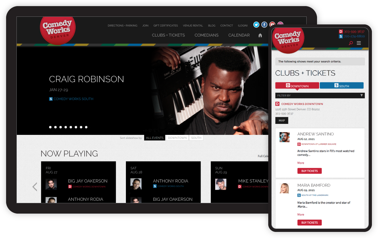 Comedy works homepage featuring Craig Robinson next to mobile view of tickets