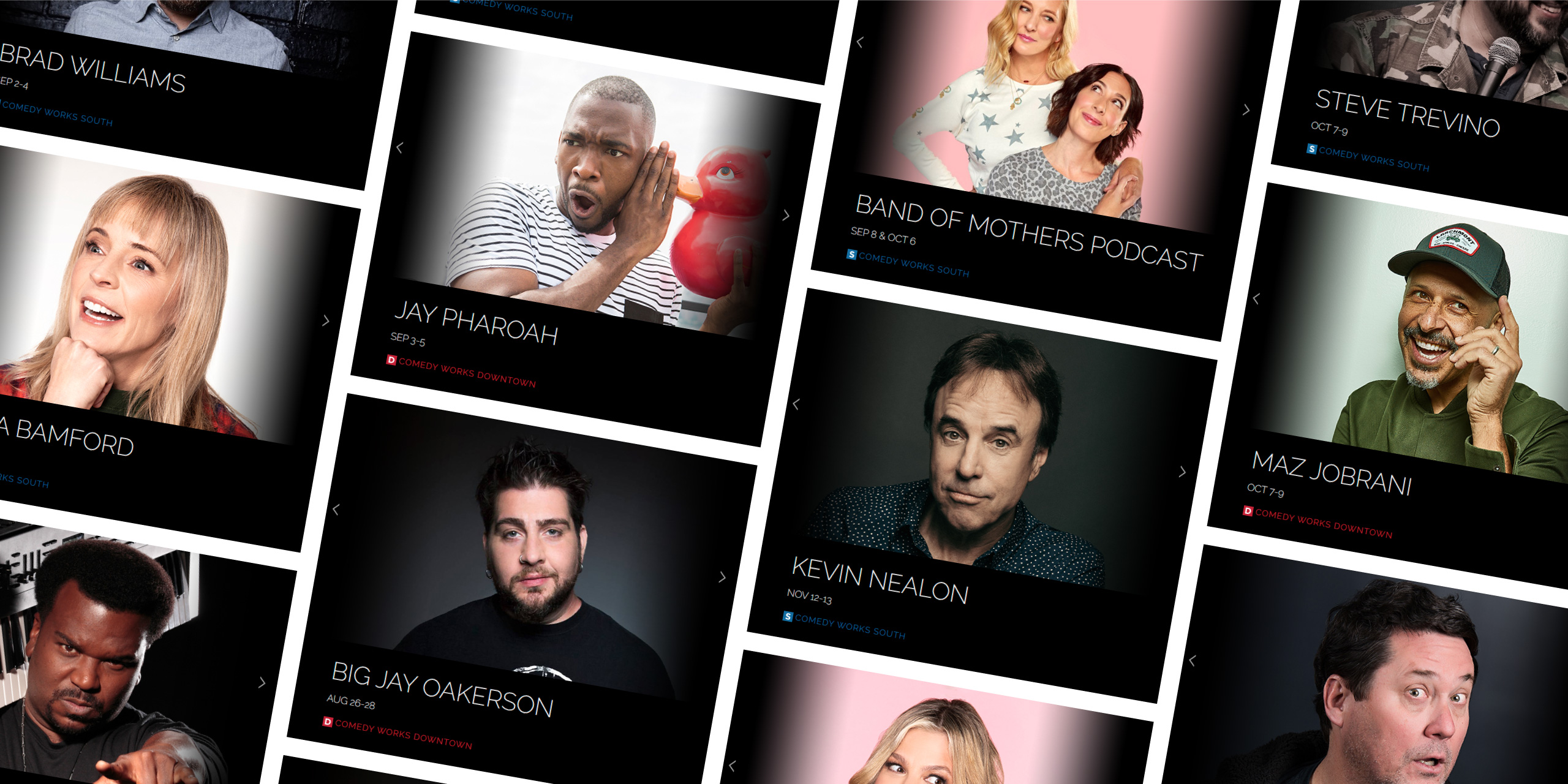 Various comedians featured on the Comedy Works website.