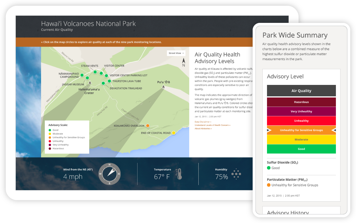 Hawaii volcanoes main dashboard next to a mobile view of the Park information summary page.