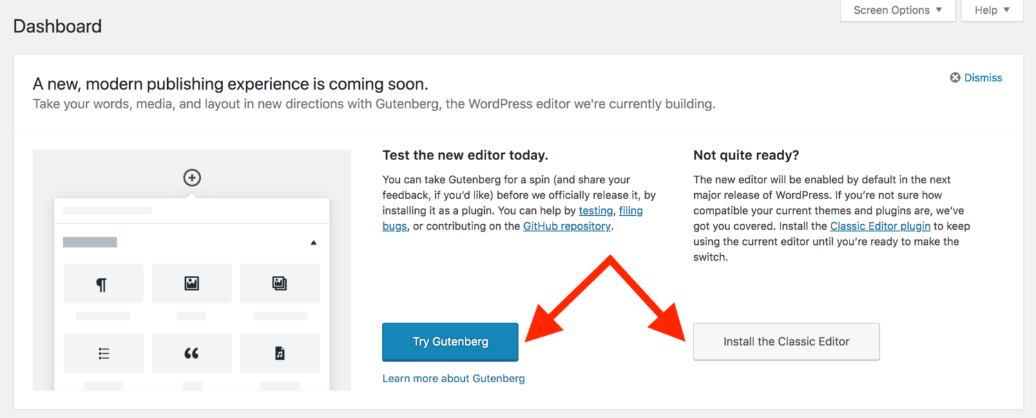The “Try Gutenberg” button in the WordPress backend