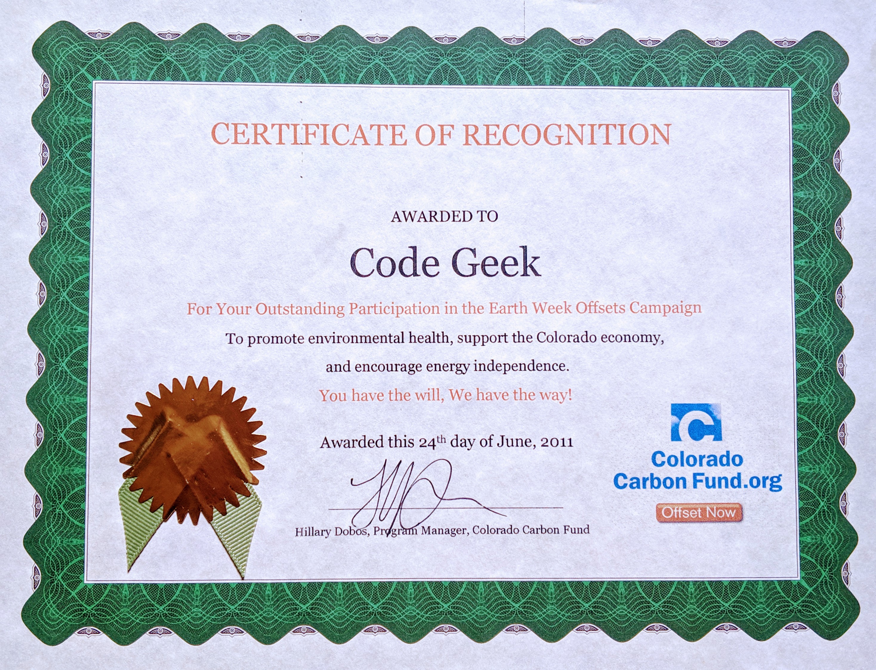 Certificate of Recognition awarded by Colorado Carbon Fund