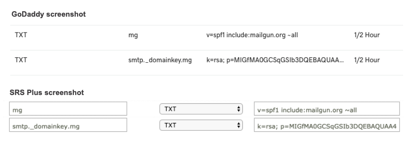 Mailgun setup for GoDaddy and SRS Plus