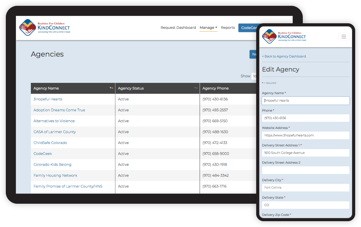 Mobile and desktop views of the KindConnect agency dashboards.