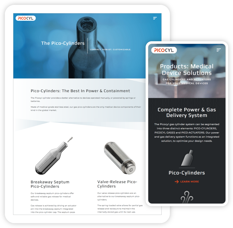 Desktop and mobile views of Picocyl product information.