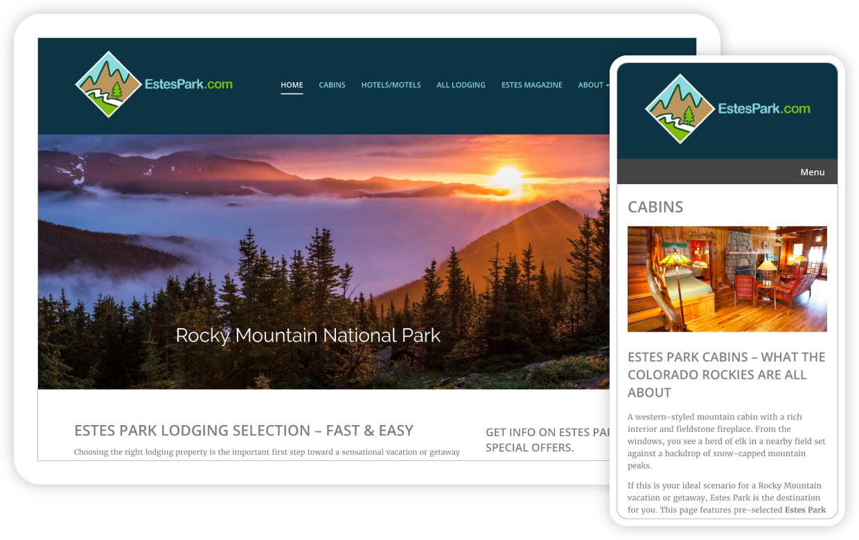 Estespark.com home page on desktop and cabin landing page on mobile