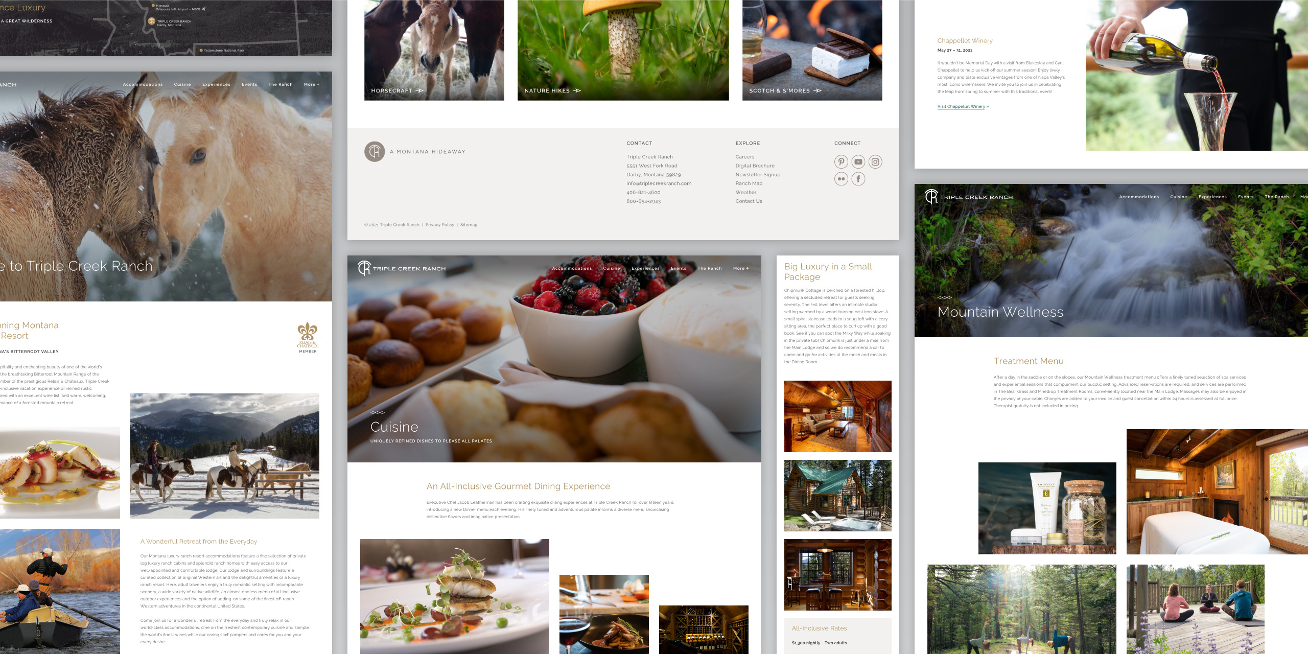 Triple Creek Ranch website screenshot of various pages and layouts
