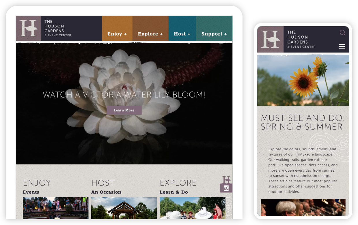 Hudson Gardens website screenshots on tablet and phone.