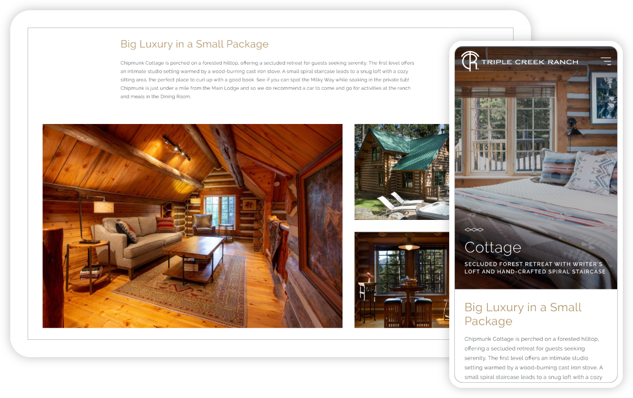 Triple Creek Ranch website screenshot on tablet and phone showing gorgeous amenities