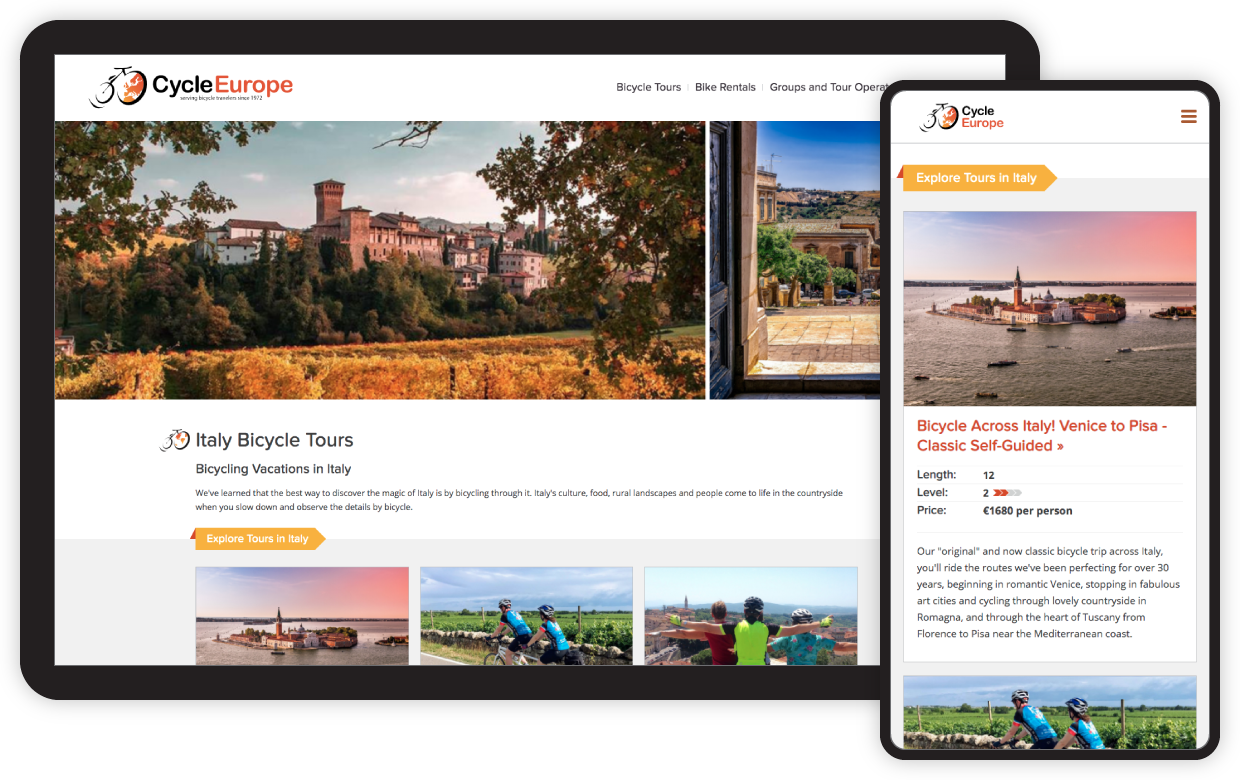Cycle Europe website screenshot on tablet and phone.