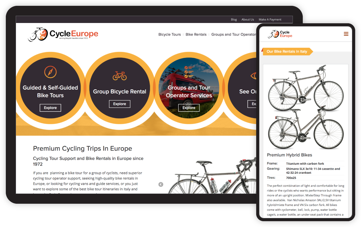 Cycle Europe website screenshot on tablet and phone.