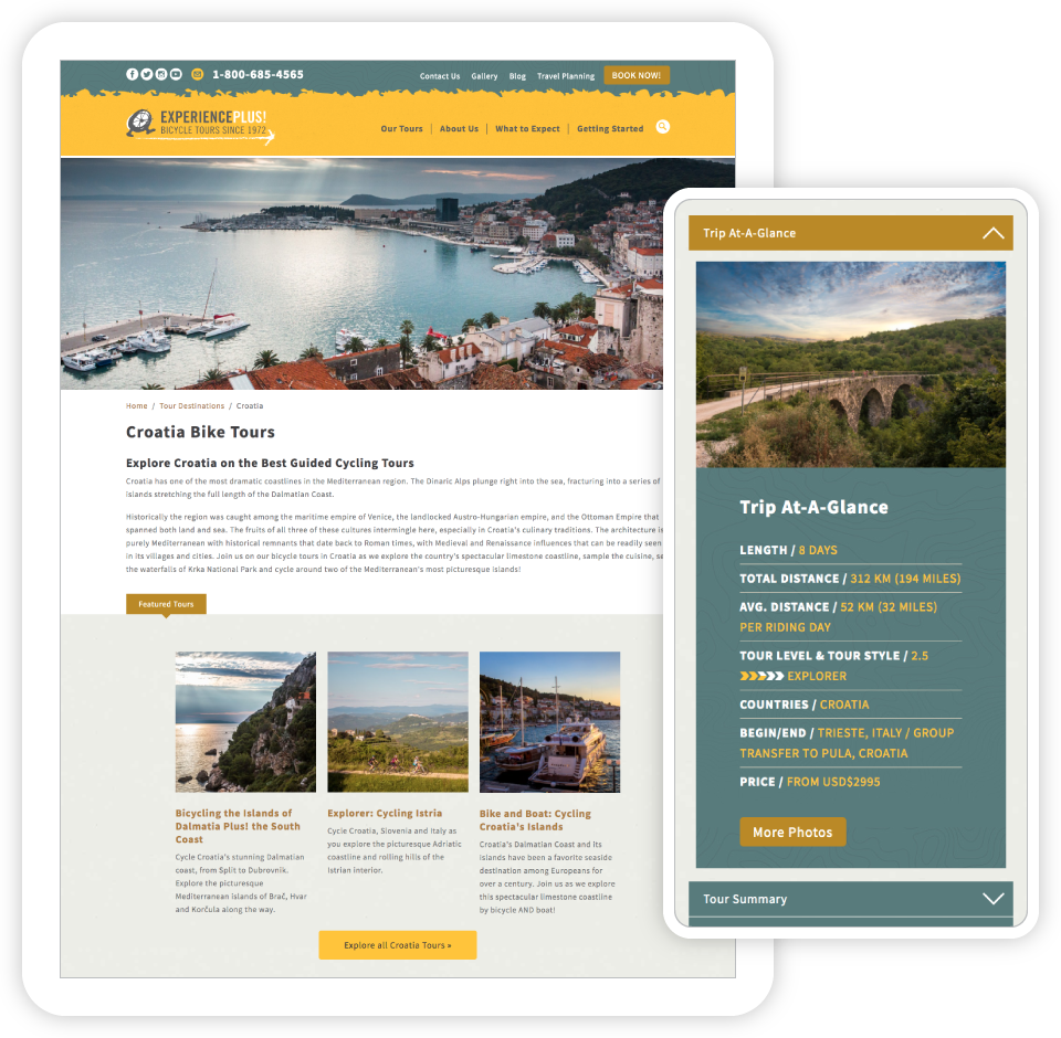 Experience Plus website showing Croatia bike tours