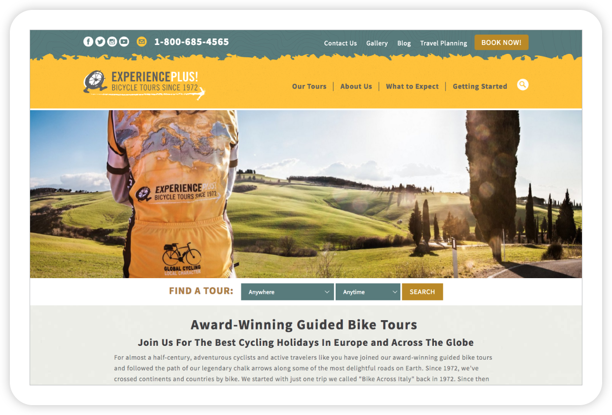 Experience Plus website showing award-winning bike tours