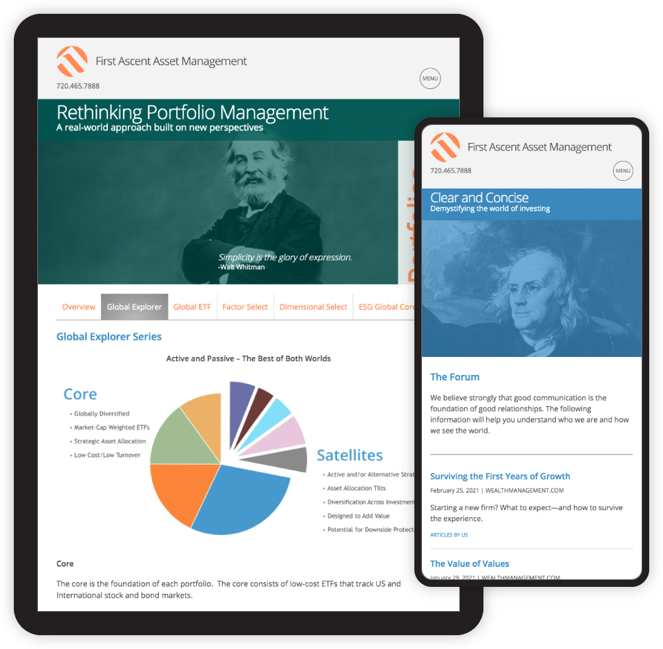Tablet and phone screenshots of First Ascent Asset Management website functionality.