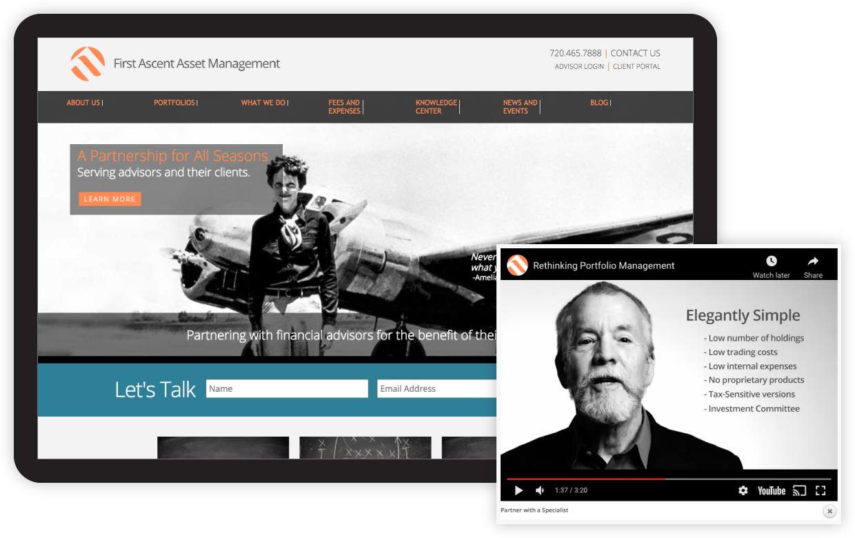 Tablet and YouTube screenshots of First Ascent Asset Management website.
