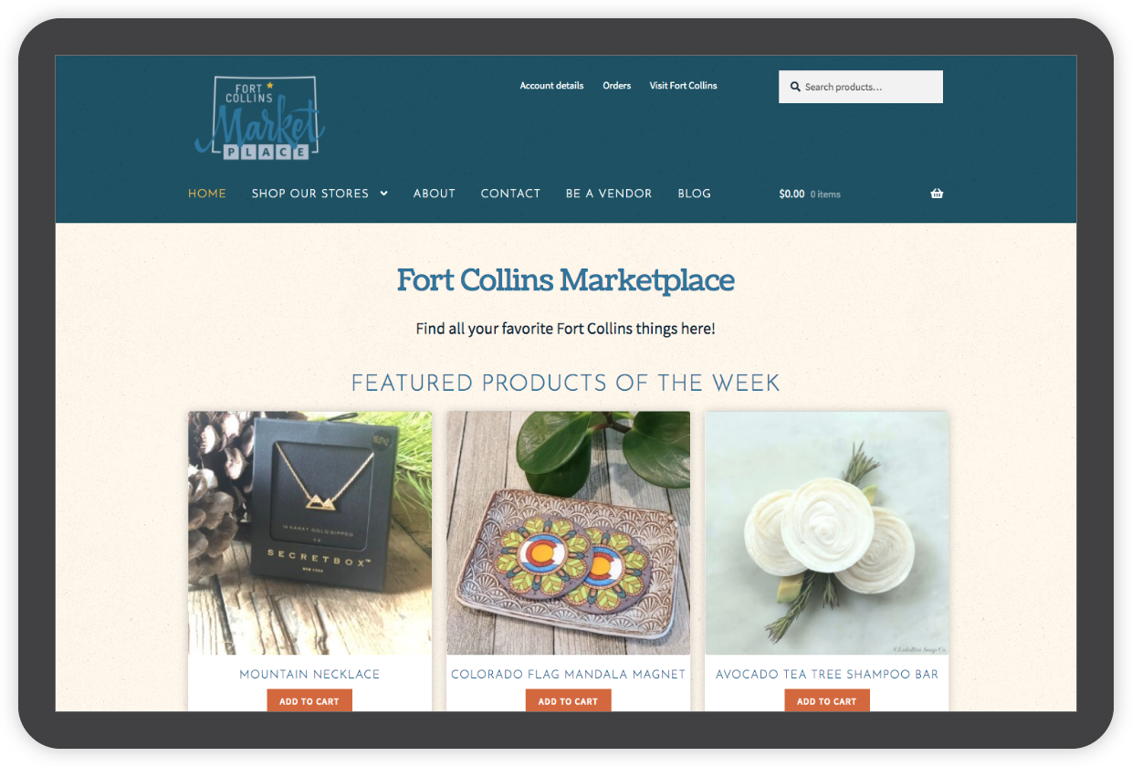 Fort Collins Marketplace website on a tablet
