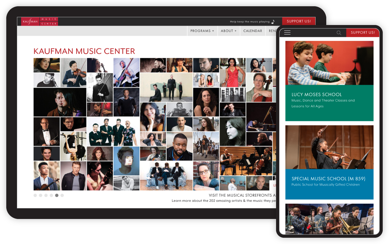 Kaufman Music Center website on tablet and phone.