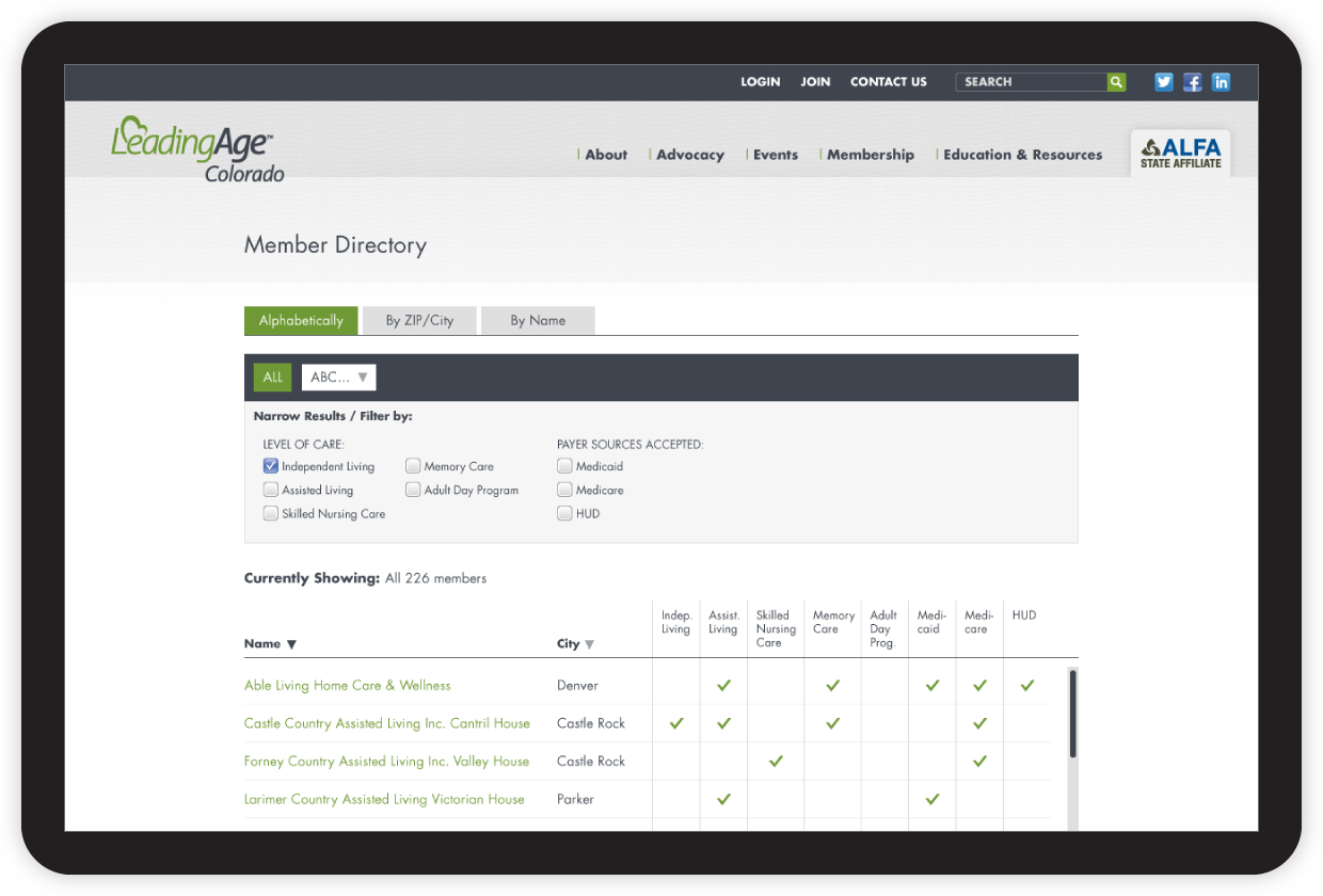 Leading Age website showing member directory page