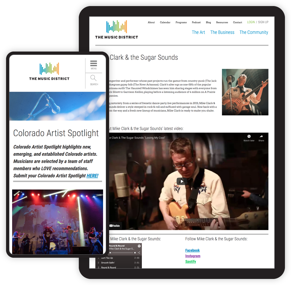 The Music District Fort Collins website screenshot on tablet and phone.