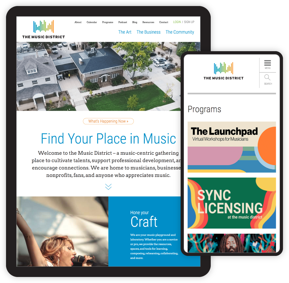 The Music District Fort Collins website screenshot on tablet and phone.