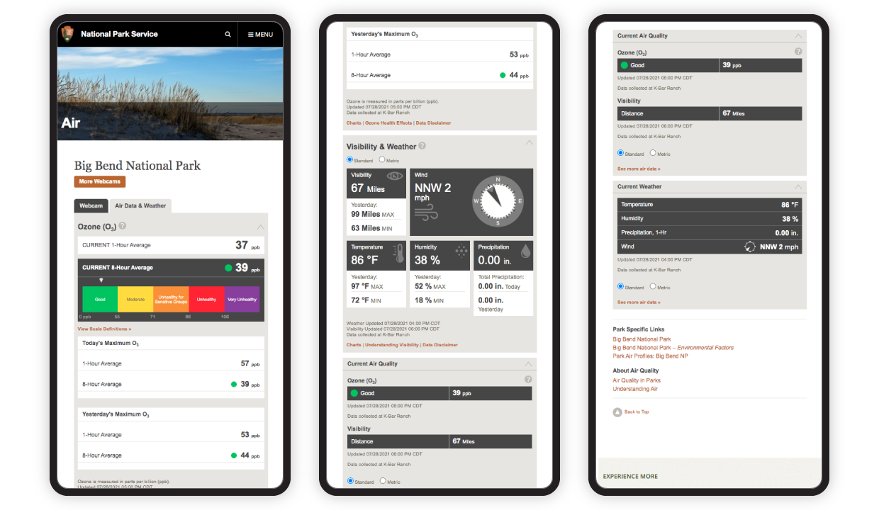 Mobile views of the various data visualization systems on the NPS webcams site.