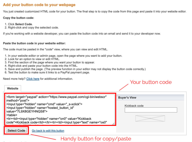 Example PayPal Button code