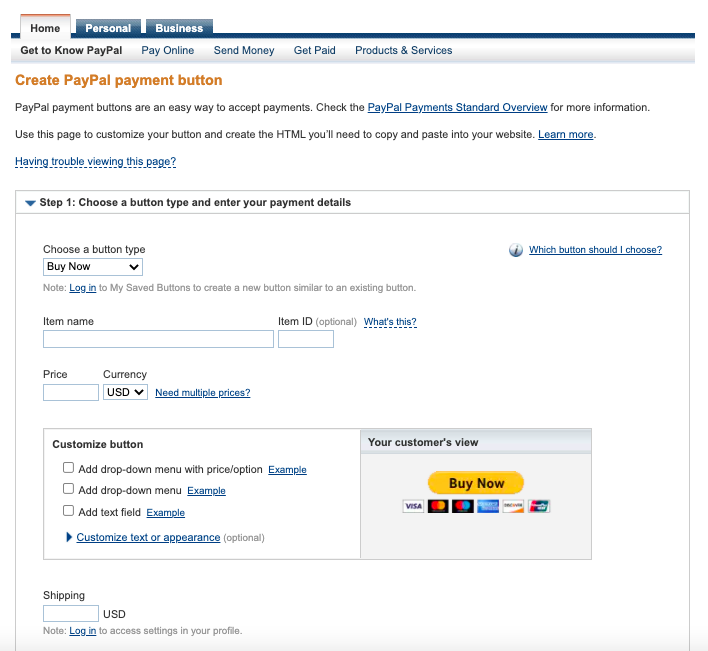 Example create your PayPal Button form