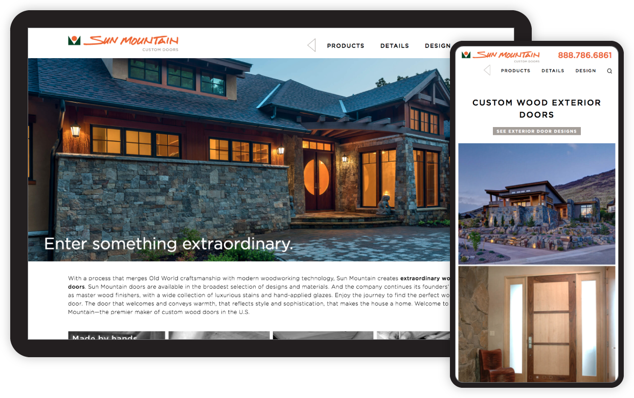 Sun Mountain Custom Doors website screenshot on tablet and phone.