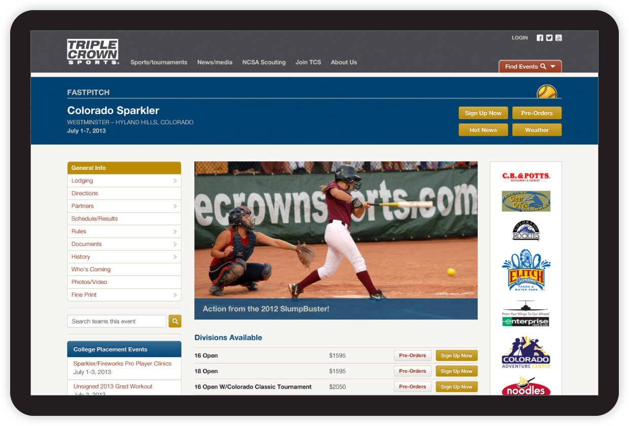 Triple Crown Sports website showing home page