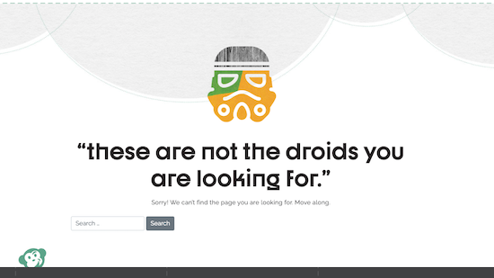 CodeGeek's custom 404 page with a Star Wars Stormtrooper helmet and the phrase "These are not the droids you are looking for."