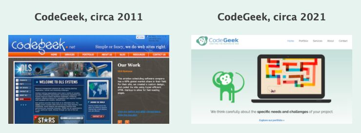 Side-by-side comparison of CodeGeek's homepage from 2011 and early 2021.