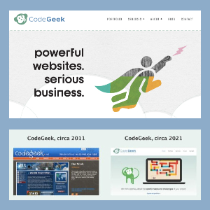 CodeGeek's new homepage header image compared to previous sites