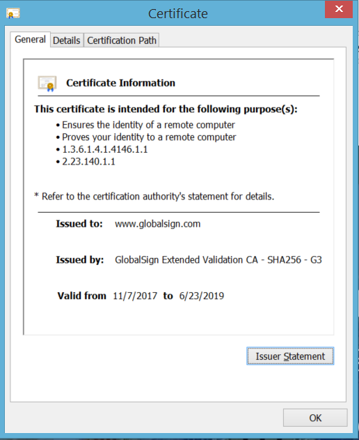 Example of what an SSL certificate looks like on the front end