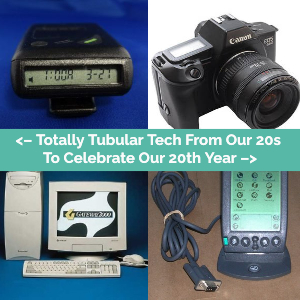 Grid of four examples of retro tech: beeper, 35mm camera, Gateway computer and Palm Pilot