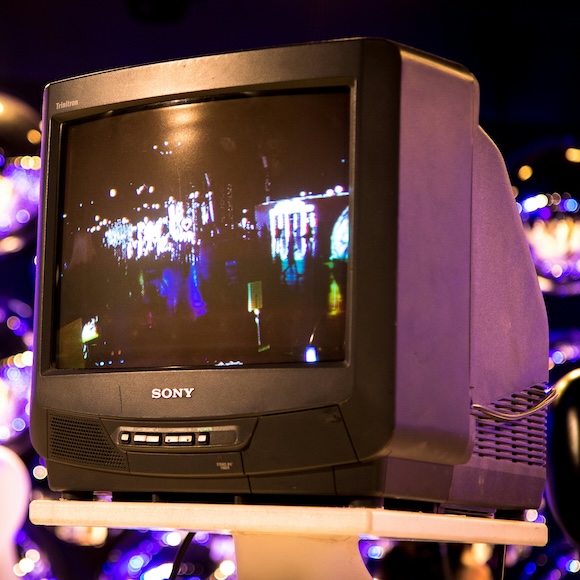 Old Sony TV sitting on a white pedestal