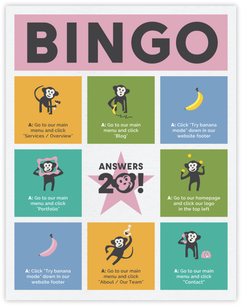 Bingo answer sheet with multi-colored blocks and illustrations of CodeGeek's mascot Randall