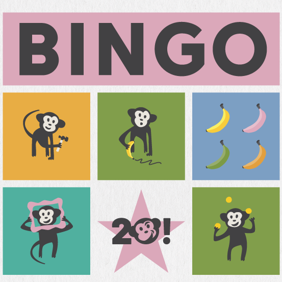 Bingo card with multi-colored blocks and illustrations of CodeGeek's mascot Randall