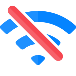 Wifi icon of three, downward curved lines with a red slash through them