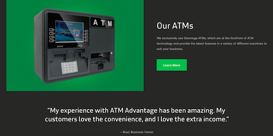 One of ATM Advantage's ATM machines next to a Learn more button