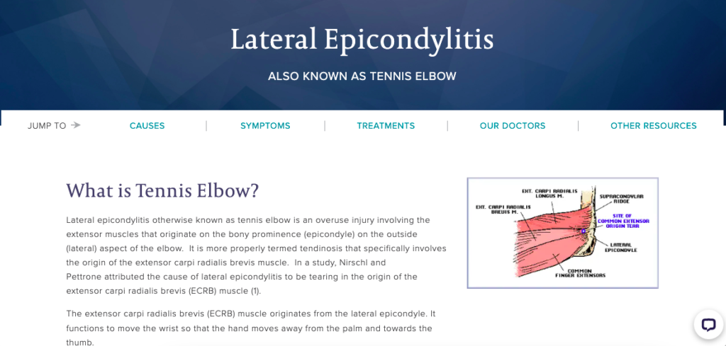 One of Centeno-Schultz Clinic's body part pages for Lateral Epicondylitis