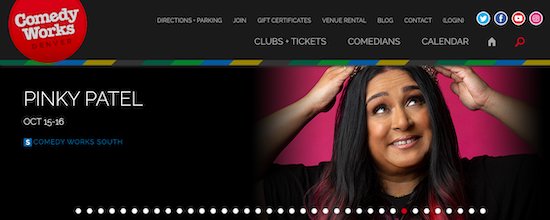 Screenshot of Comedy Works homepage featuring Pinky Patel