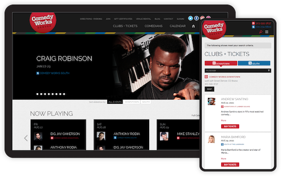 Desktop and mobile view of Comedy Works' website, featuring Craig Robinson
